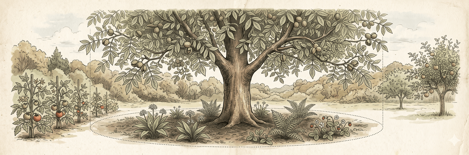 Landschaftsblick auf einen reifen Walnussbaum (Juglans regia) auf einer Lichtung: volle Krone mit gefiederten Blättern, kräftiger Stamm im Zentrum, gestrichelte Tropfkante am Boden angedeutet; im Kronenschatten Bärlauch, Farne und Walderdbeeren, jenseits der Tropfkante in Sicherheit Tomaten- und Apfelpflanzen