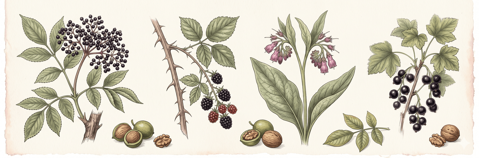 Botanische Spezimen-Tafel juglontoleranter Pflanzen für Walnuss-Gilden: Schwarzer Holunder mit Beerendolden, Brombeerranke mit reifen schwarzen Früchten und Dornen, Beinwell mit Glockenblüten, Schwarze Johannisbeere mit Trauben – am Fuß ein paar Walnussblätter und Walnüsse als Kontext