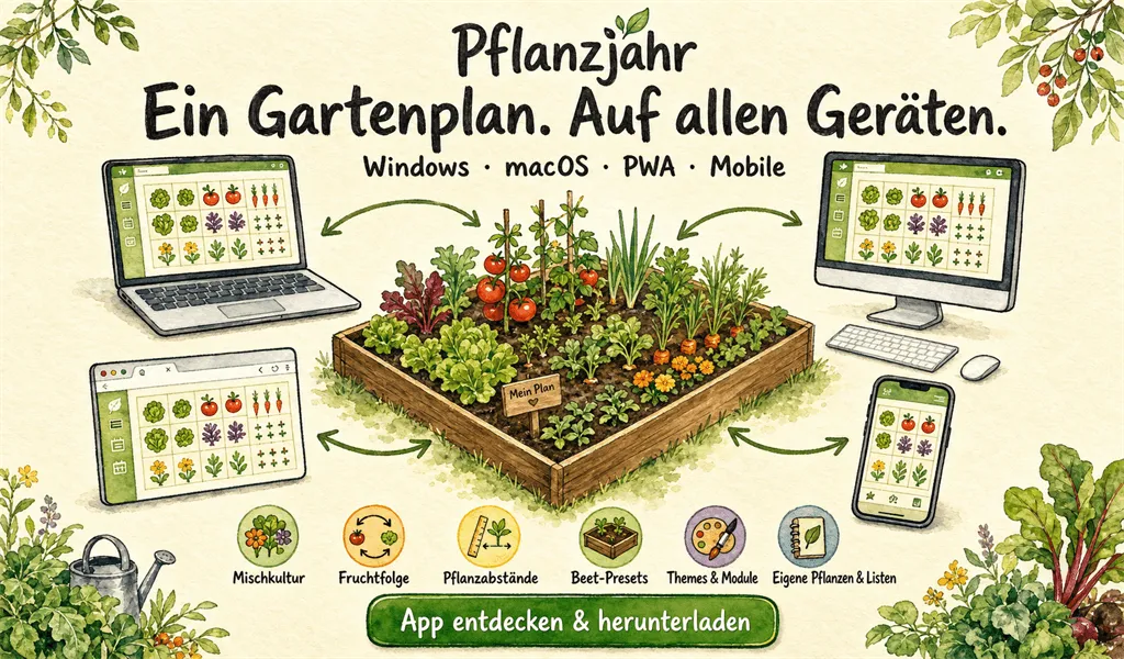 Pflanzjahr Gartenplaner – ein Beetplaner für Gemüse - auf allen Geräten (Windows, macOS, Browser, Mobile) mit Mischkultur, Fruchtfolge und Pflanzabständen