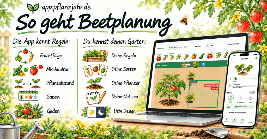 Pflanzjahr-Beetplaner auf Laptop und Smartphone – Beetplanung mit Fruchtfolge, Mischkultur und Pflanzabständen