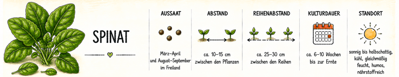 Steckbrief Spinat: Aussaat März bis April und August bis September im Freiland, 10–15 cm Pflanzabstand, 25–30 cm Reihenabstand, 6–10 Wochen Kulturdauer, sonnig bis halbschattig