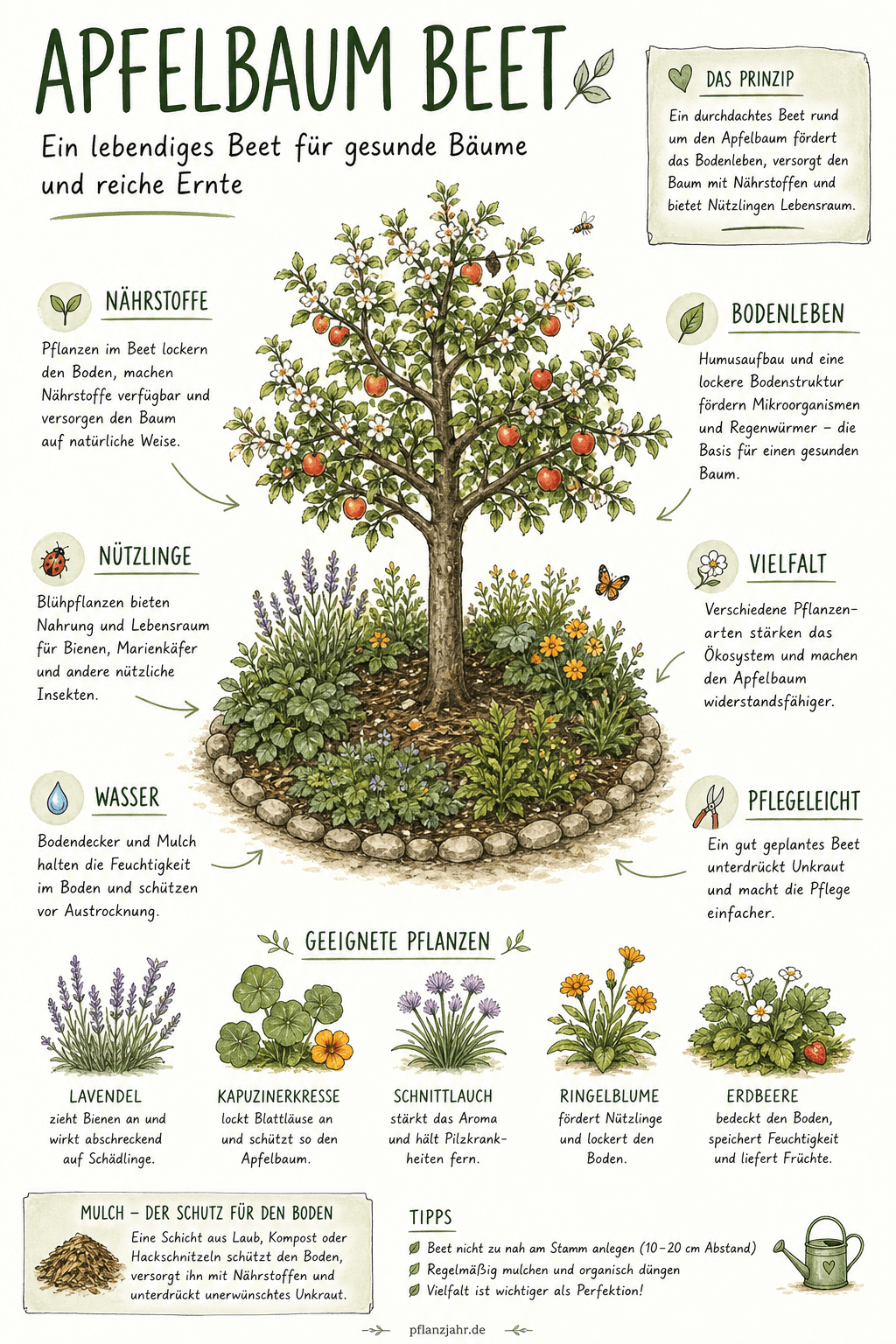 Infografik: Ringbeet um Apfelbaum mit Zonen, Pflanzabständen und schorfresistenten Sorten