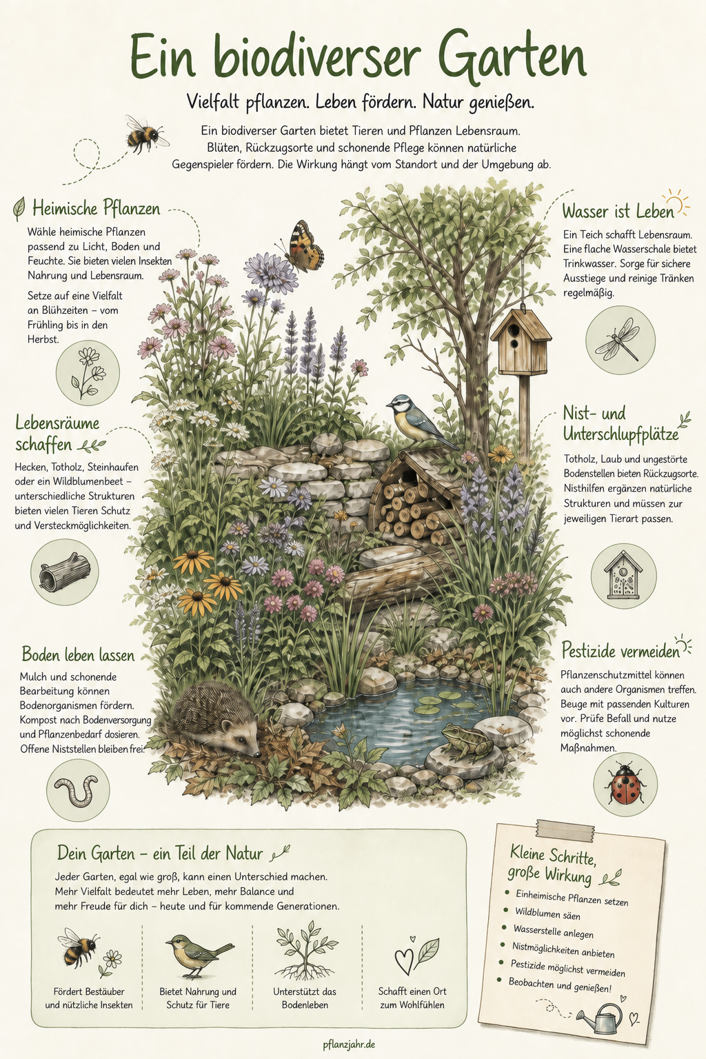 Infografik: Artenvielfalt mit standortgerechten Pflanzen, Wasserstellen, Rückzugsorten und schonender Gartenpflege fördern