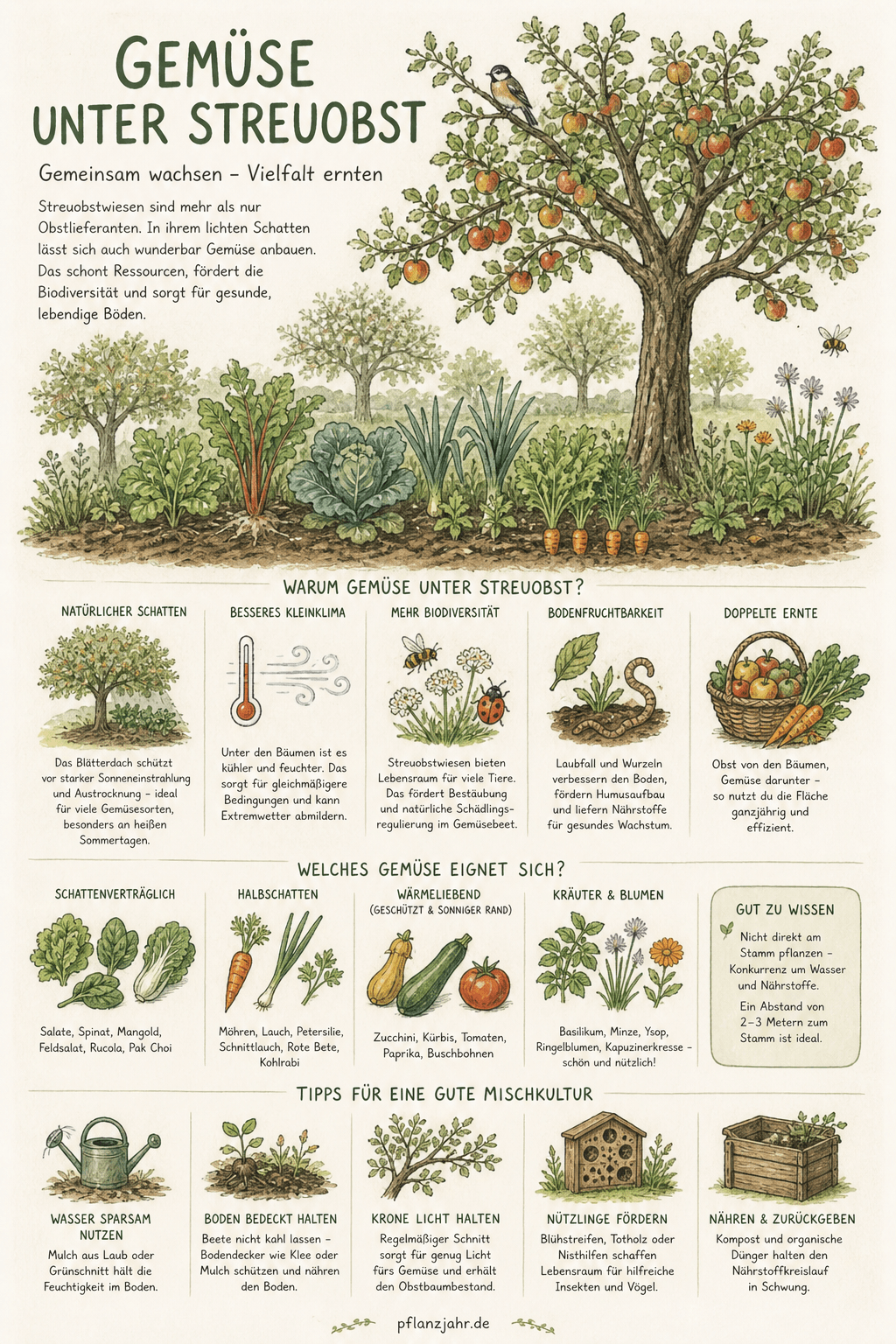 Infografik: Gemüse unter Streuobstbäumen mit Lichtzonen, Frühjahrsfenster und Bewässerung