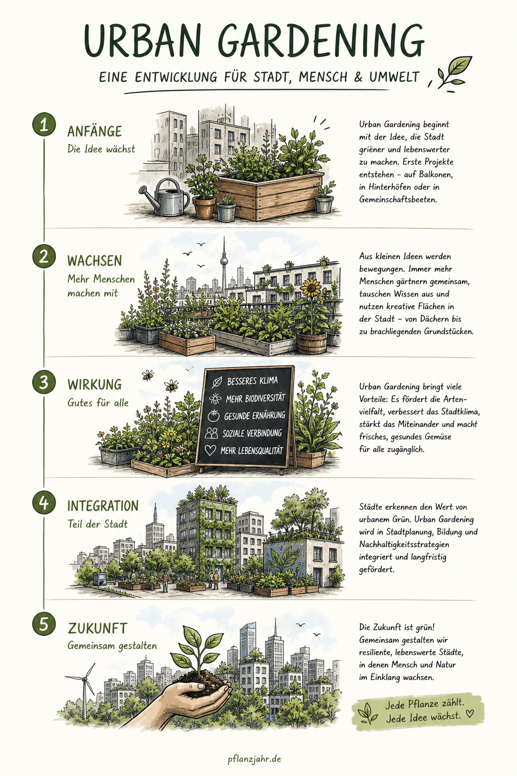 Infografik: Urban Gardening Entwicklung mit Timeline, Projektbeispielen und modernen Formen