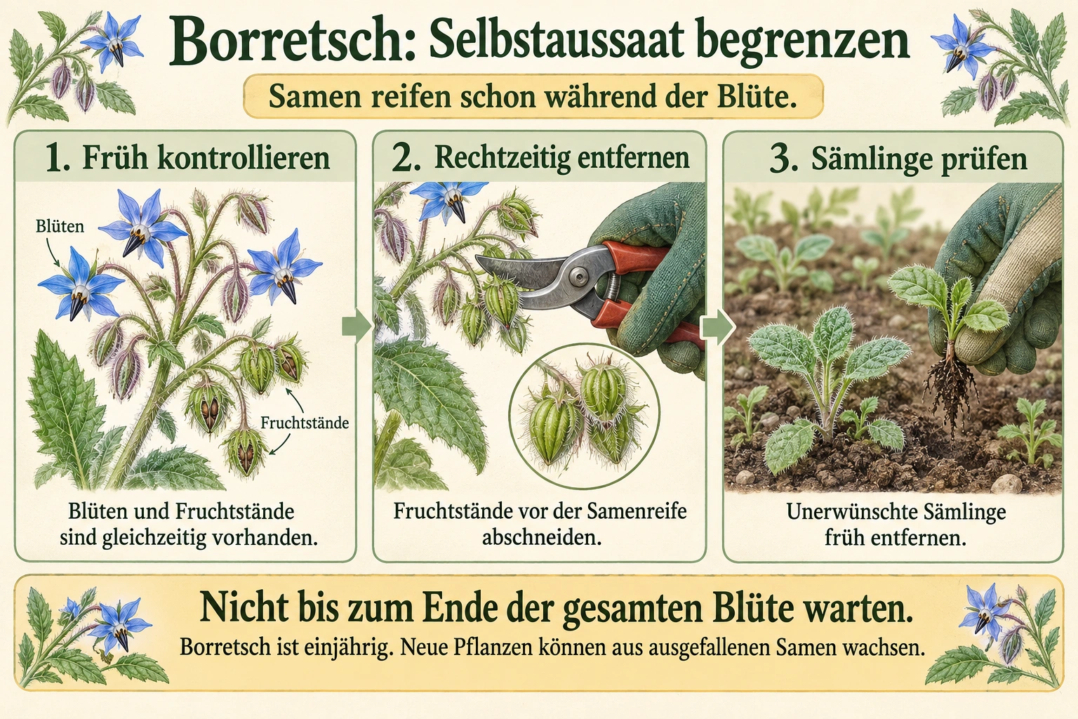 Selbstaussaat begrenzen: Fruchtstände bereits während der Blüte kontrollieren, vor der Samenreife abschneiden und unerwünschte Sämlinge früh entfernen.