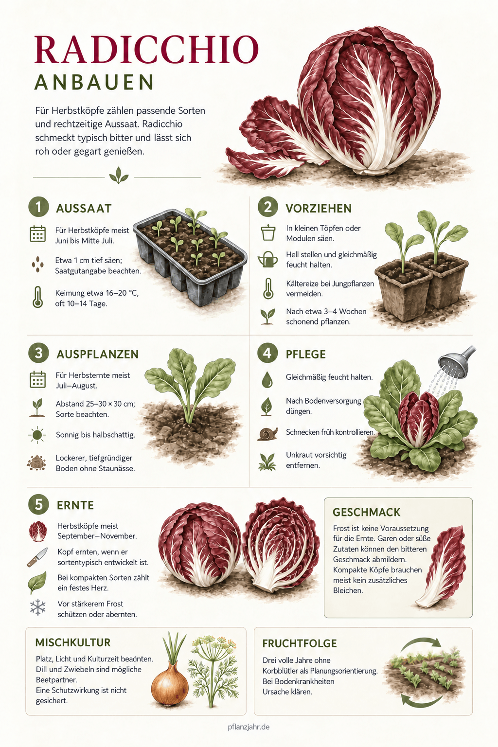 Radicchio für die Herbsternte: Aussaat im Juni bis Mitte Juli, Voranzucht, Pflanzabstand, Pflege und Ernte vor stärkerem Frost