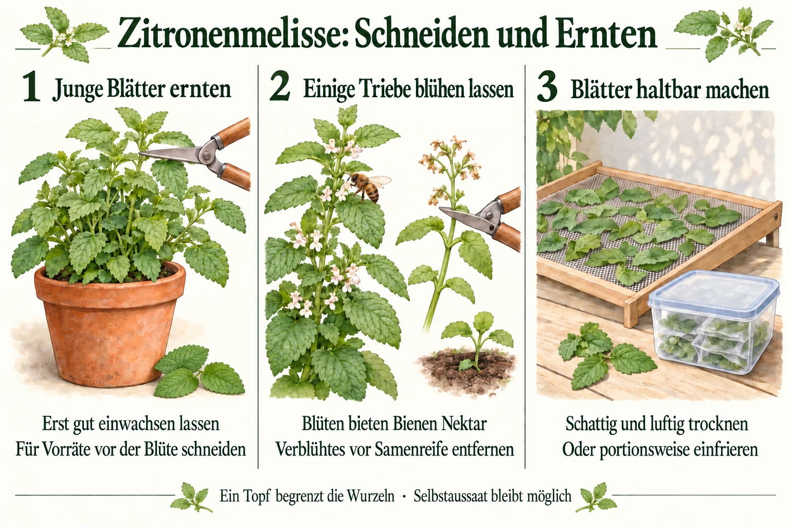 Zitronenmelisse ernten und haltbar machen: junge Blätter schneiden, einzelne Triebe für Bienen blühen lassen und Blätter luftig trocknen oder portionsweise einfrieren.