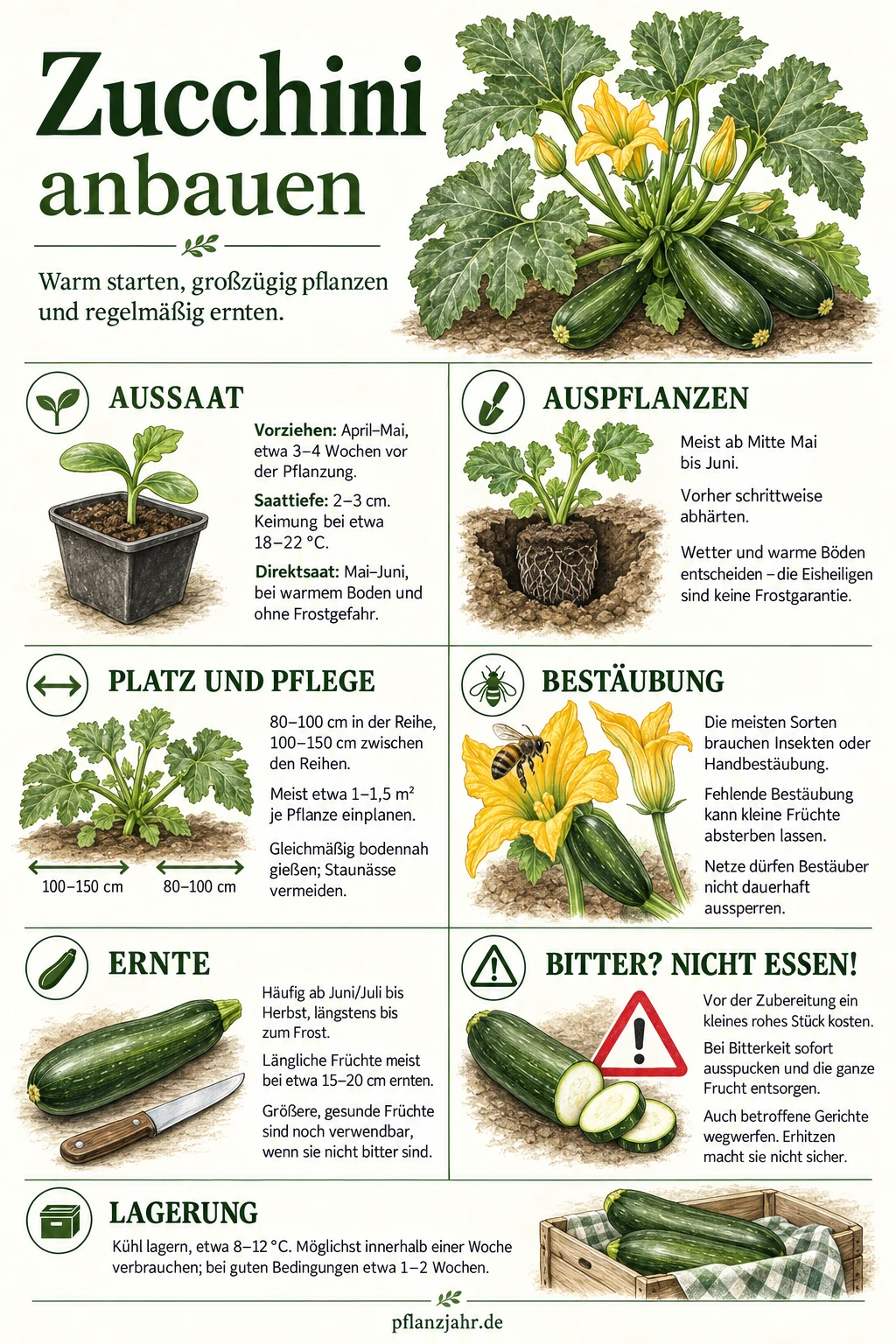 Zucchini-Anbau im Überblick: warme Aussaat, genügend Platz, Bestäubung, regelmäßige Ernte und Warnung vor bitteren Früchten