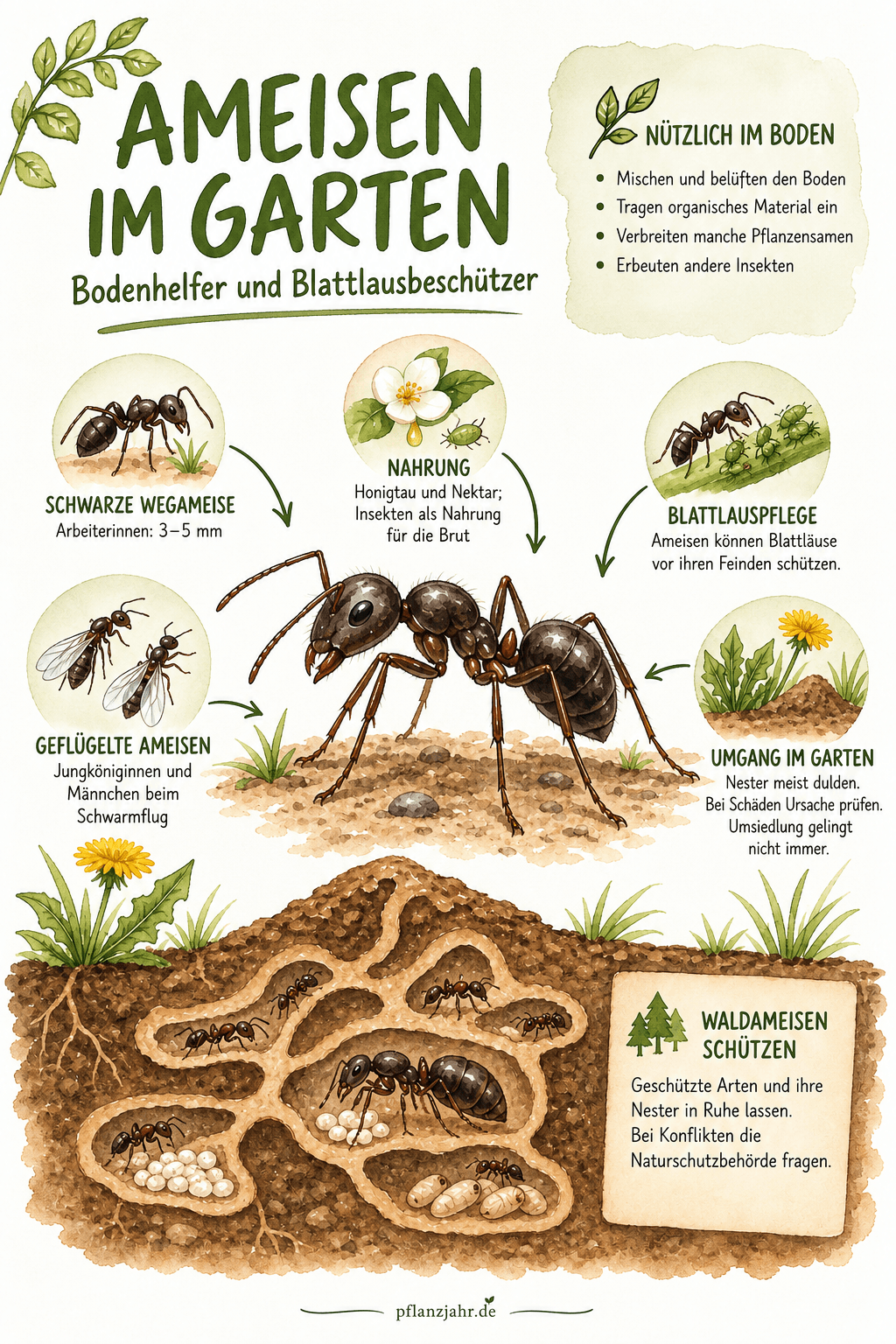 Infografik zu Ameisen im Garten: Schwarze Wegameise, Honigtau und Blattlauspflege, Schwarmflug, Erdnest und Schutz von Waldameisen
