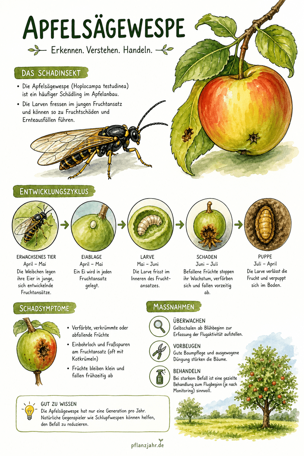 Infografik: Apfelsägewespe — der frühe Wurm im jungen Apfel