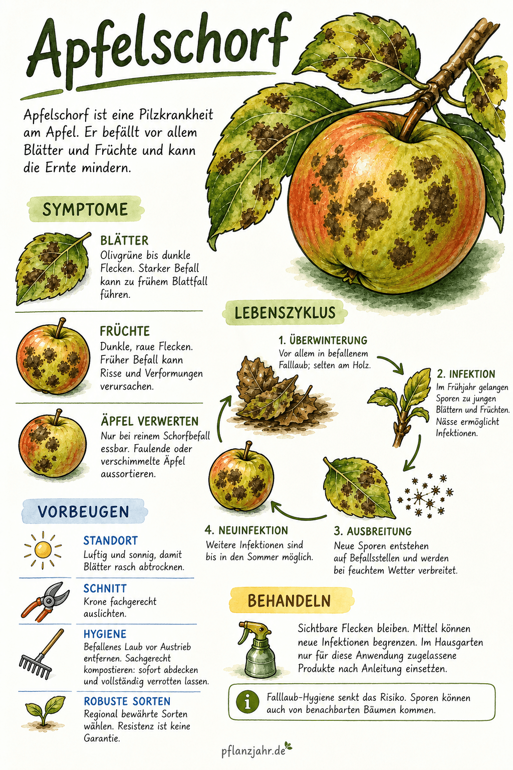 Infografik zu Apfelschorf: Blatt- und Fruchtsymptome, Verwertung nur ohne zusätzliche Fäulnis, Lebenszyklus, sachgerechte Kompostierung und Grenzen von Resistenz und Behandlung
