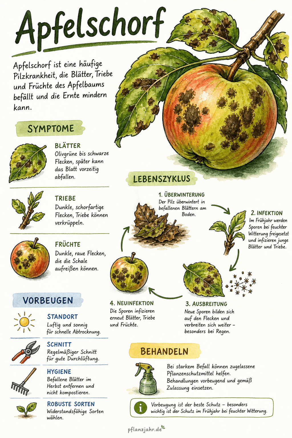 Infografik: Apfelschorf erkennen, vorbeugen und bekämpfen