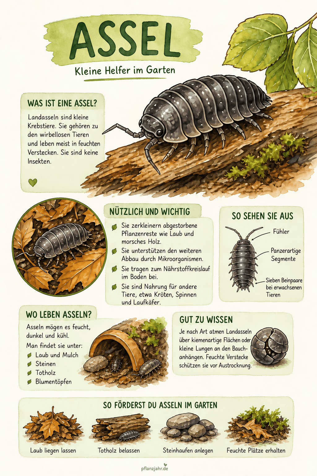 Infografik zu Landasseln: Krebstiere mit sieben Laufbeinpaaren bei Erwachsenen, Nutzen beim Streuabbau, Atmung und feuchte Verstecke