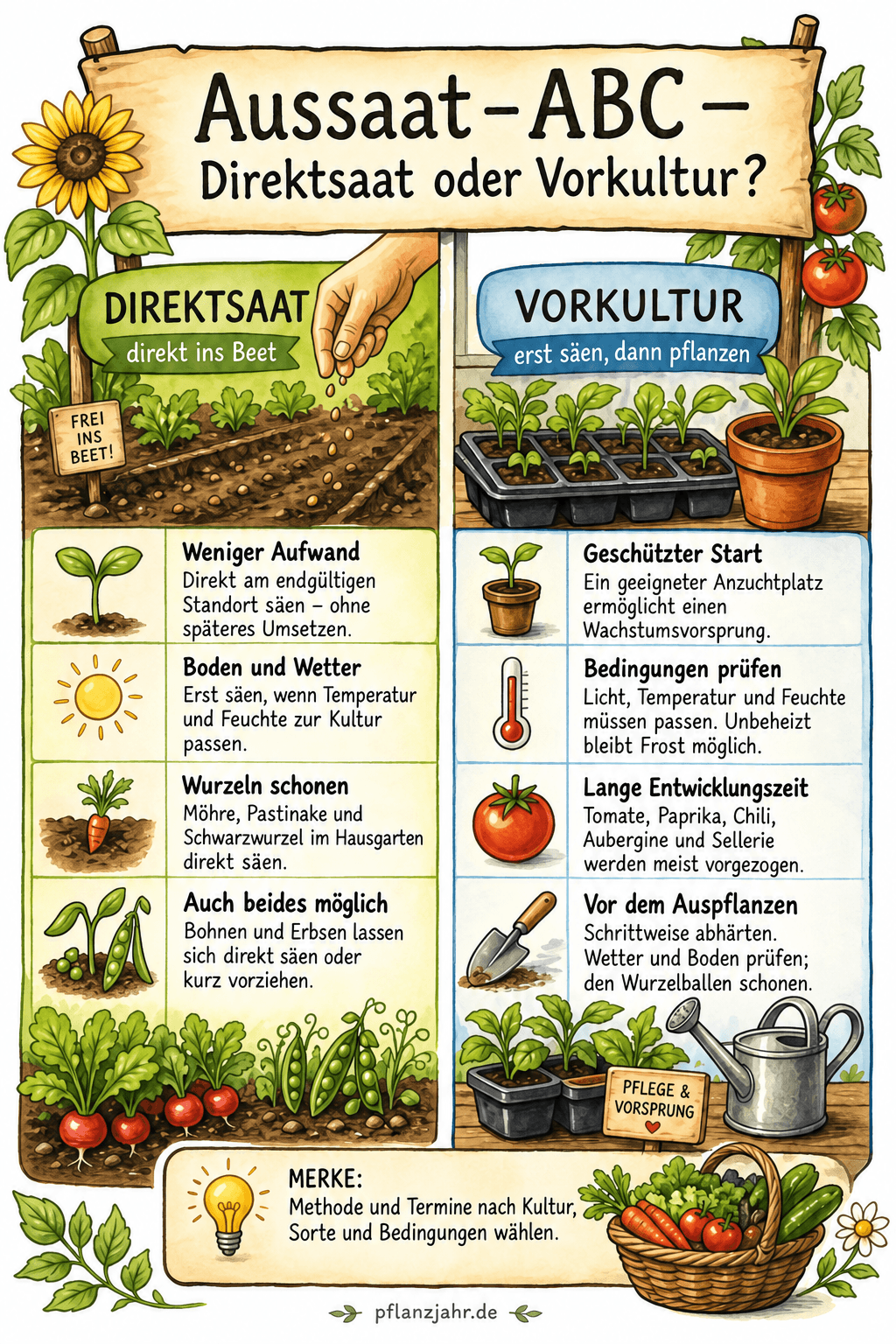 Vergleich von Direktsaat und Vorkultur mit Hinweisen zu Wurzelentwicklung, Anzuchtbedingungen und passenden Gemüsearten