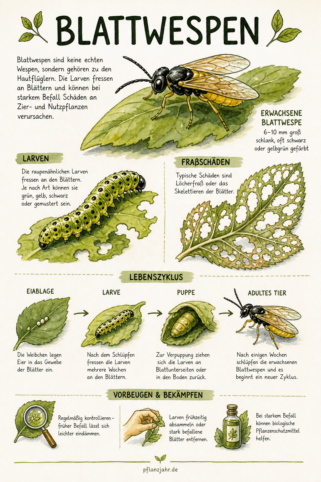 Infografik: Blattwespen — die Afterraupen hinter dem Kahlfraß an Beerensträuchern und Rosen
