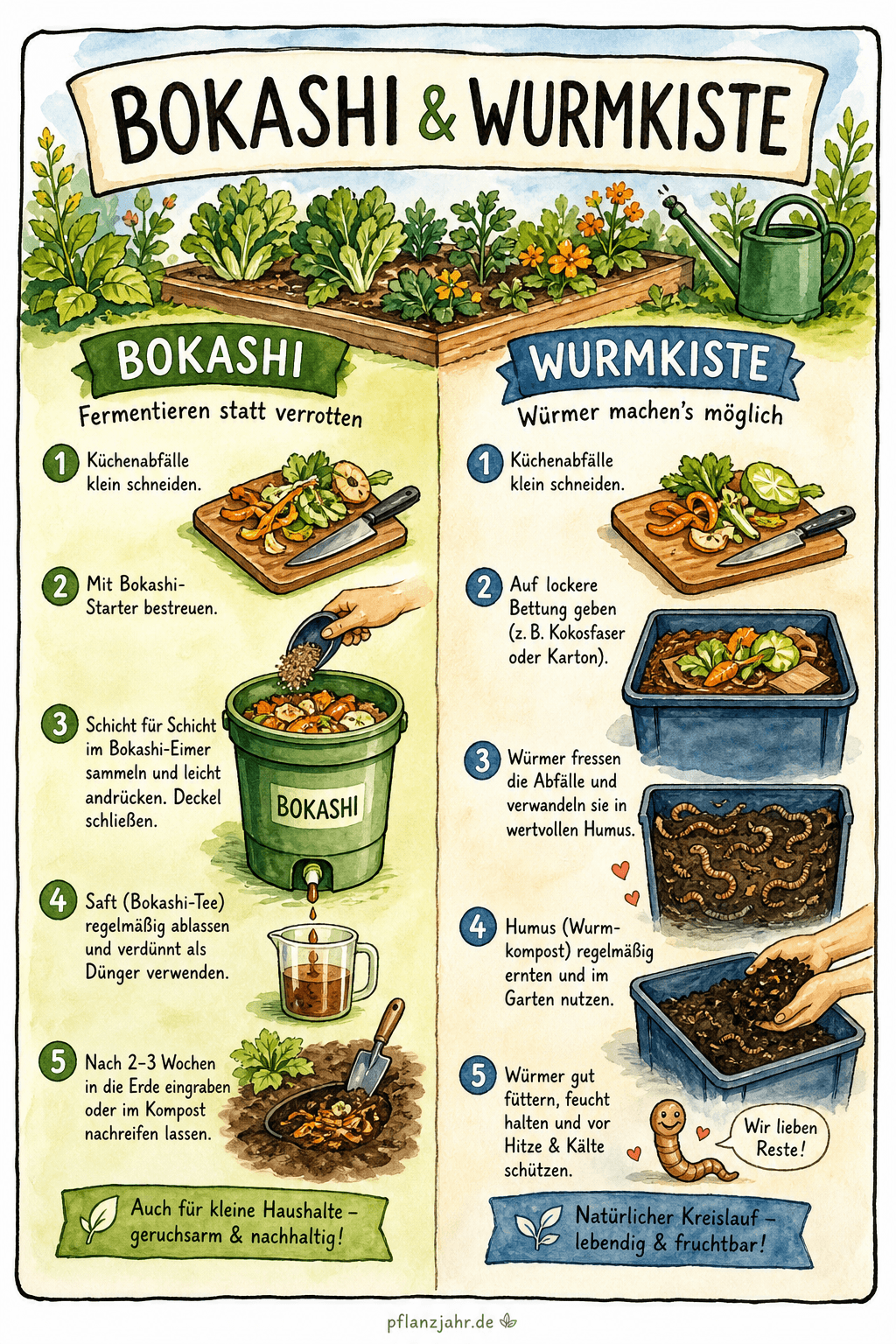 Übersicht der Verfahren Bokashi und Wurmkiste mit Ablauf, erlaubten Abfällen und Endprodukten