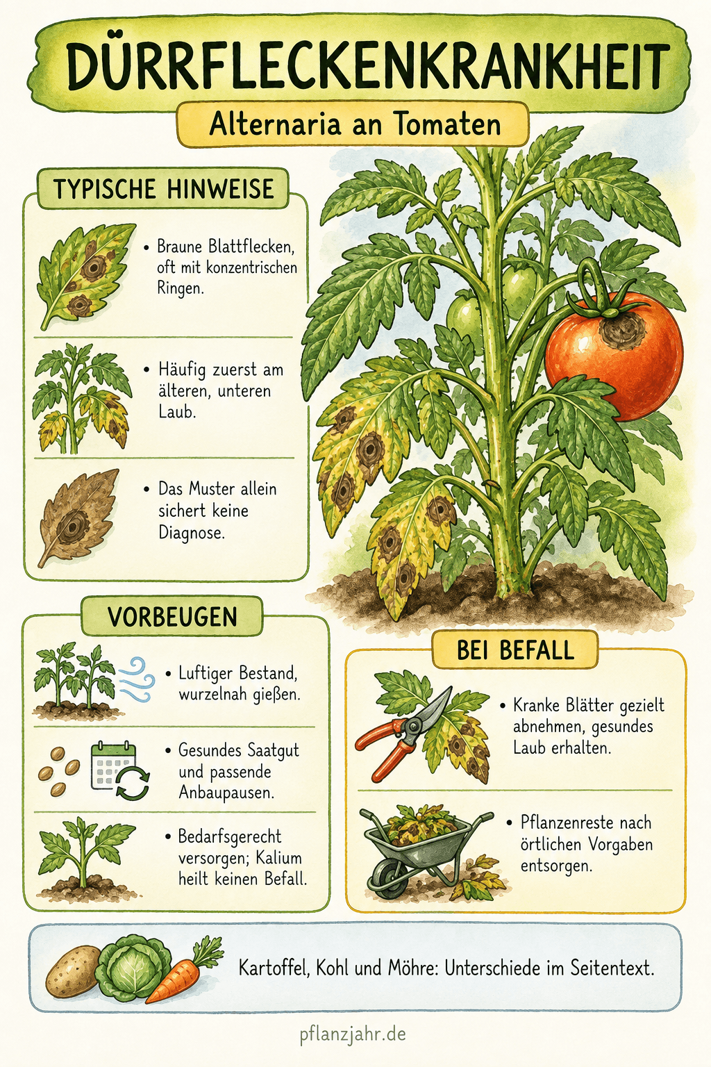 Infografik zur Dürrfleckenkrankheit an Tomaten: Ringmuster als Hinweis, Blattnässe verkürzen, gesundes Laub erhalten und bedarfsgerecht versorgen