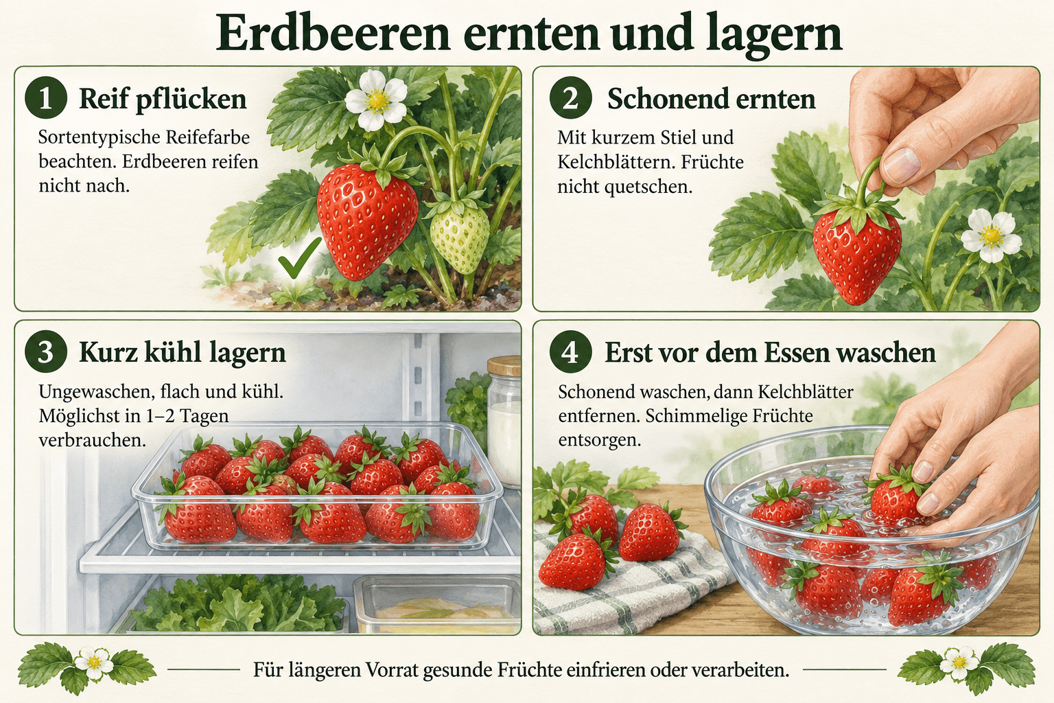Erdbeeren ernten: reife Früchte mit kurzem Stiel und Kelchblättern pflücken, ungewaschen flach und kühl lagern, möglichst in ein bis zwei Tagen verbrauchen und erst vor dem Essen waschen.