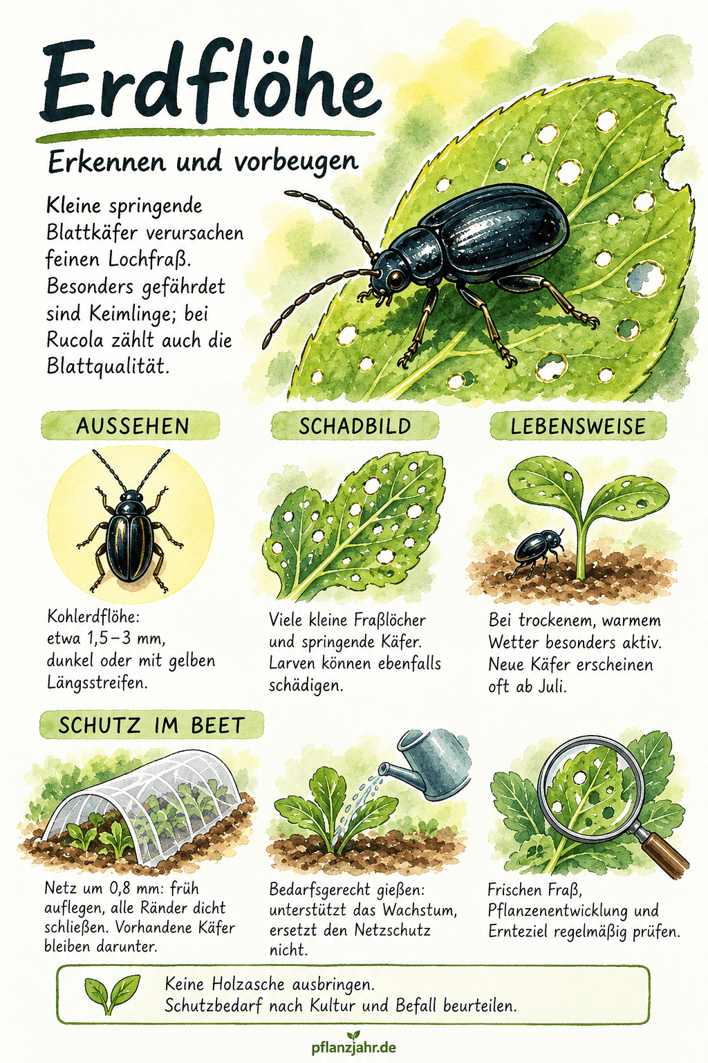 Infografik zu Kohlerdflöhen: kleine springende Käfer, Lochfraß, Larvenschäden und frühzeitig dicht geschlossener Netzschutz um 0,8 mm