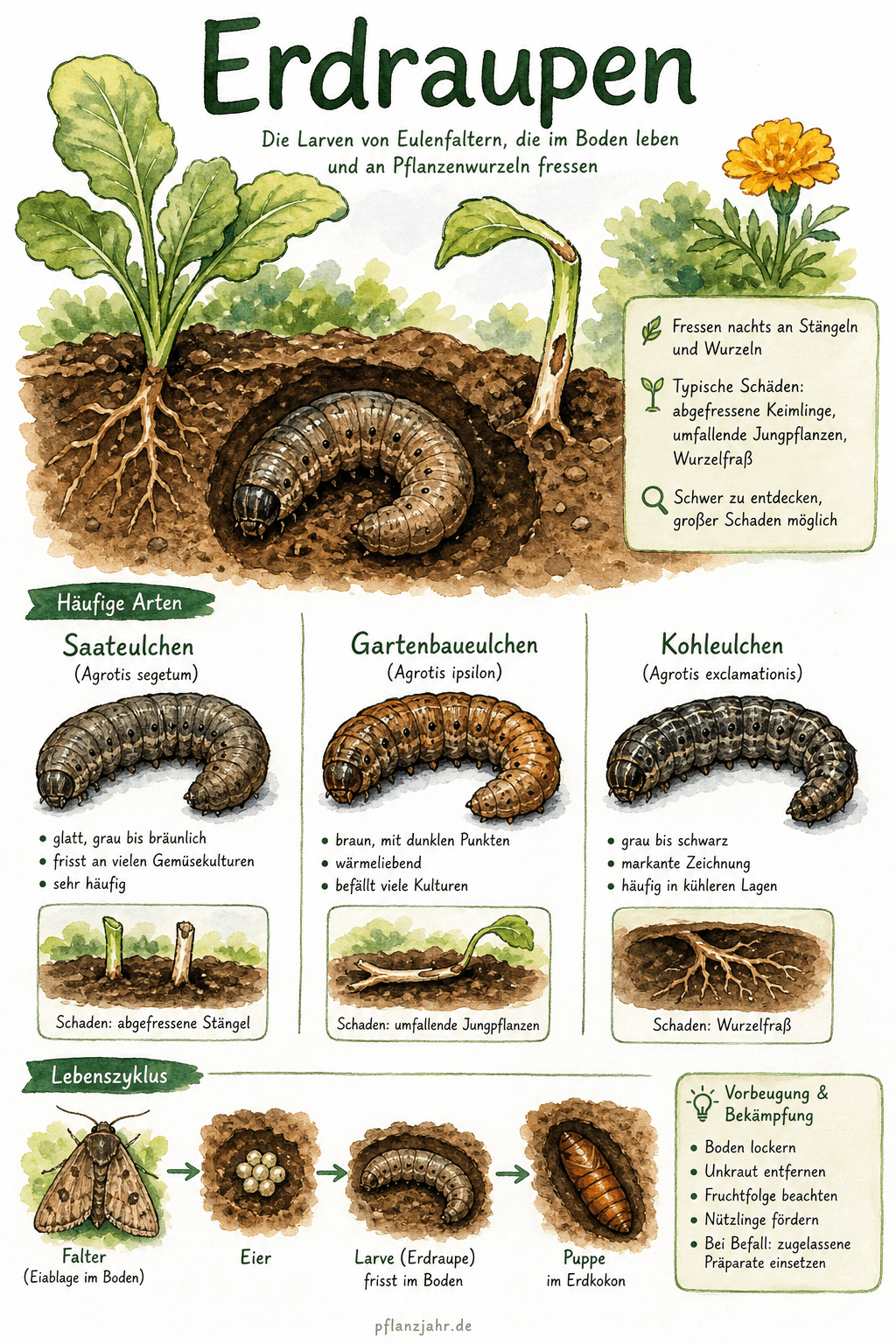 Infografik: Erdraupen — die nachtaktiven Eulenraupen, die deine Jungpflanzen umkippen