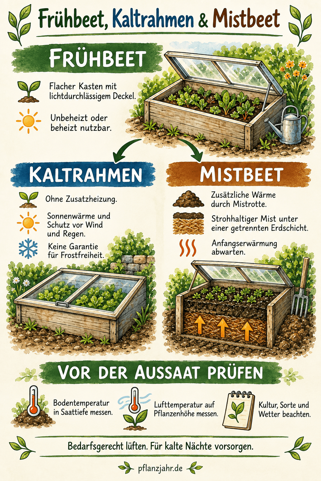 Frühbeet als Oberbegriff mit Kaltrahmen ohne Zusatzheizung und Mistbeet mit Rottewärme sowie Hinweisen zu Temperaturmessung, Lüftung und kalten Nächten
