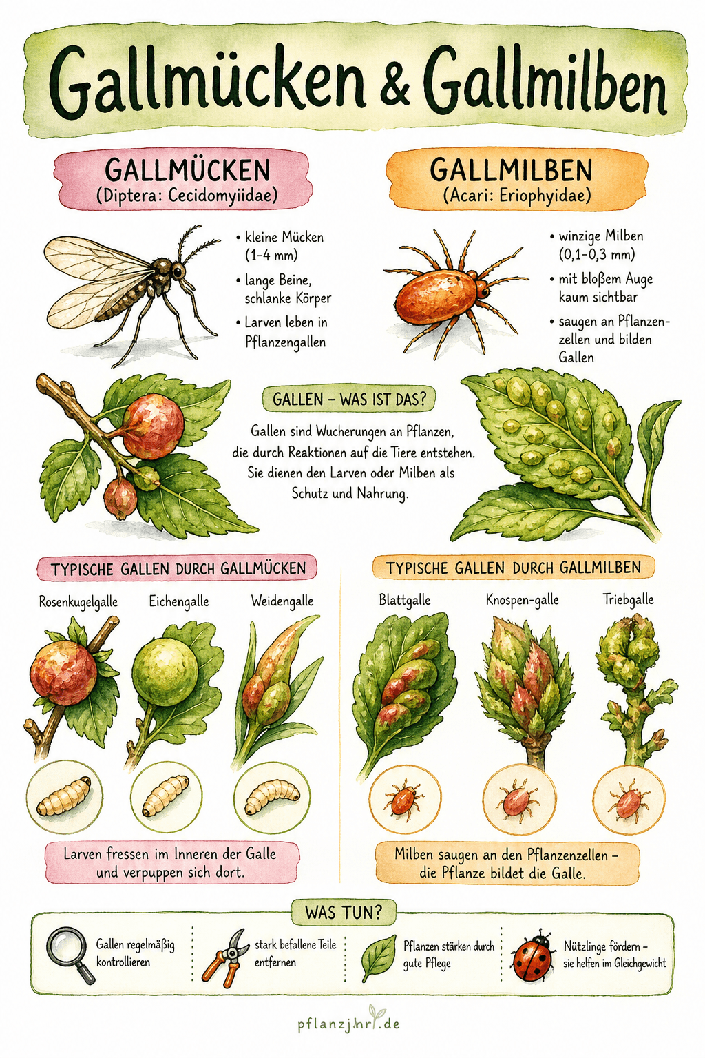 Infografik: Gallmücken & Gallmilben — die Gallbildner, die Knospen, Blätter und Früchte verformen