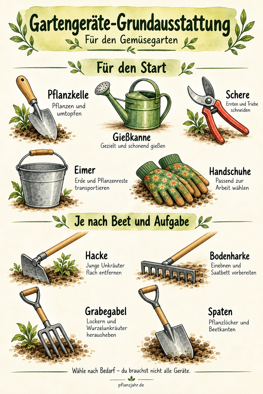 Gartengeräte nach Bedarf: Pflanzkelle, Gießkanne, Schere, Eimer und Handschuhe für den Start; Hacke, Harke, Grabegabel und Spaten je nach Beet und Aufgabe