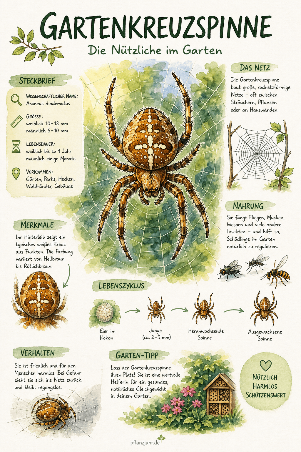 Infografik: Gartenkreuzspinne — die klassische Netzbauerin mit dem Kreuz