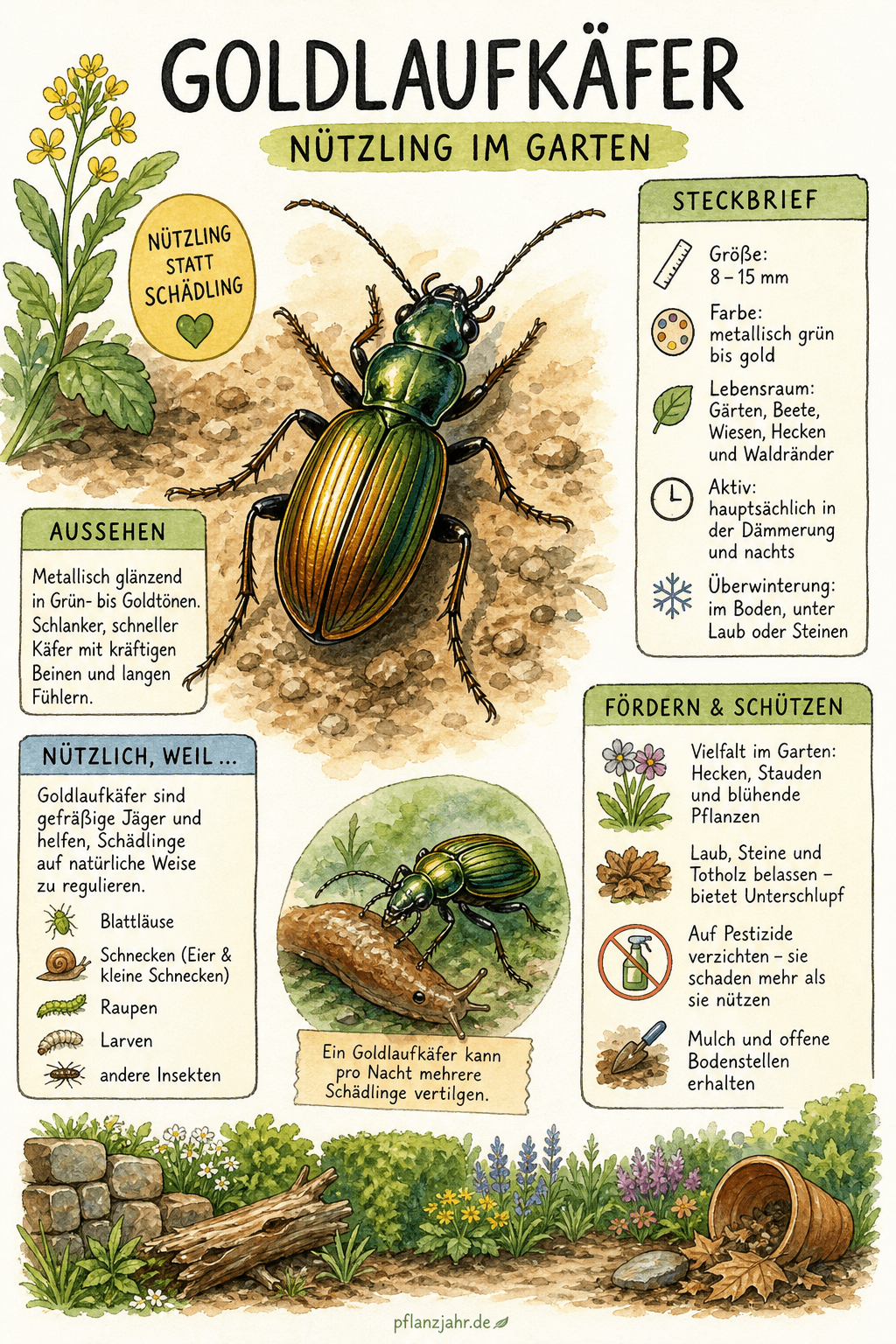 Infografik: Goldlaufkäfer — der metallisch glänzende Schneckenjäger im Beet