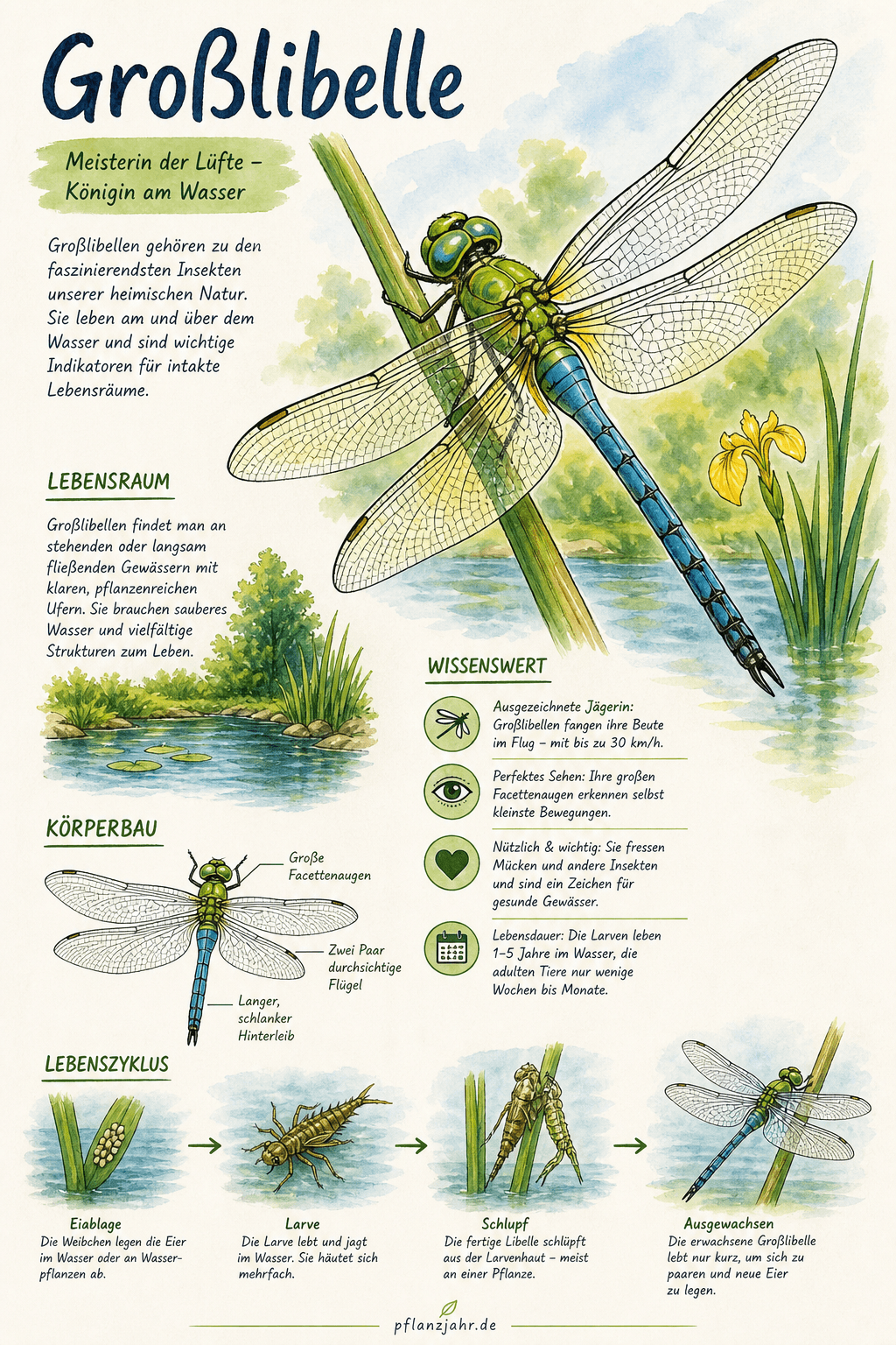 Infografik: Großlibelle — der wendige Luftjäger am Gartenteich