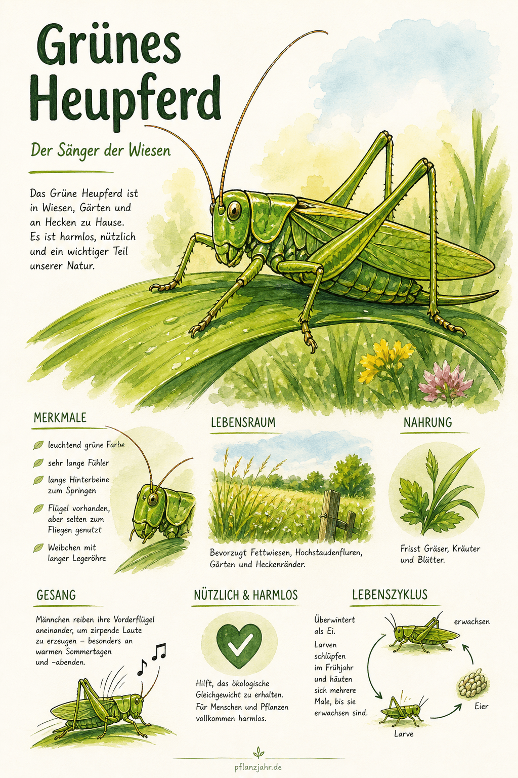 Infografik: Grünes Heupferd — die große grüne Laubheuschrecke mit dem lauten Gesang