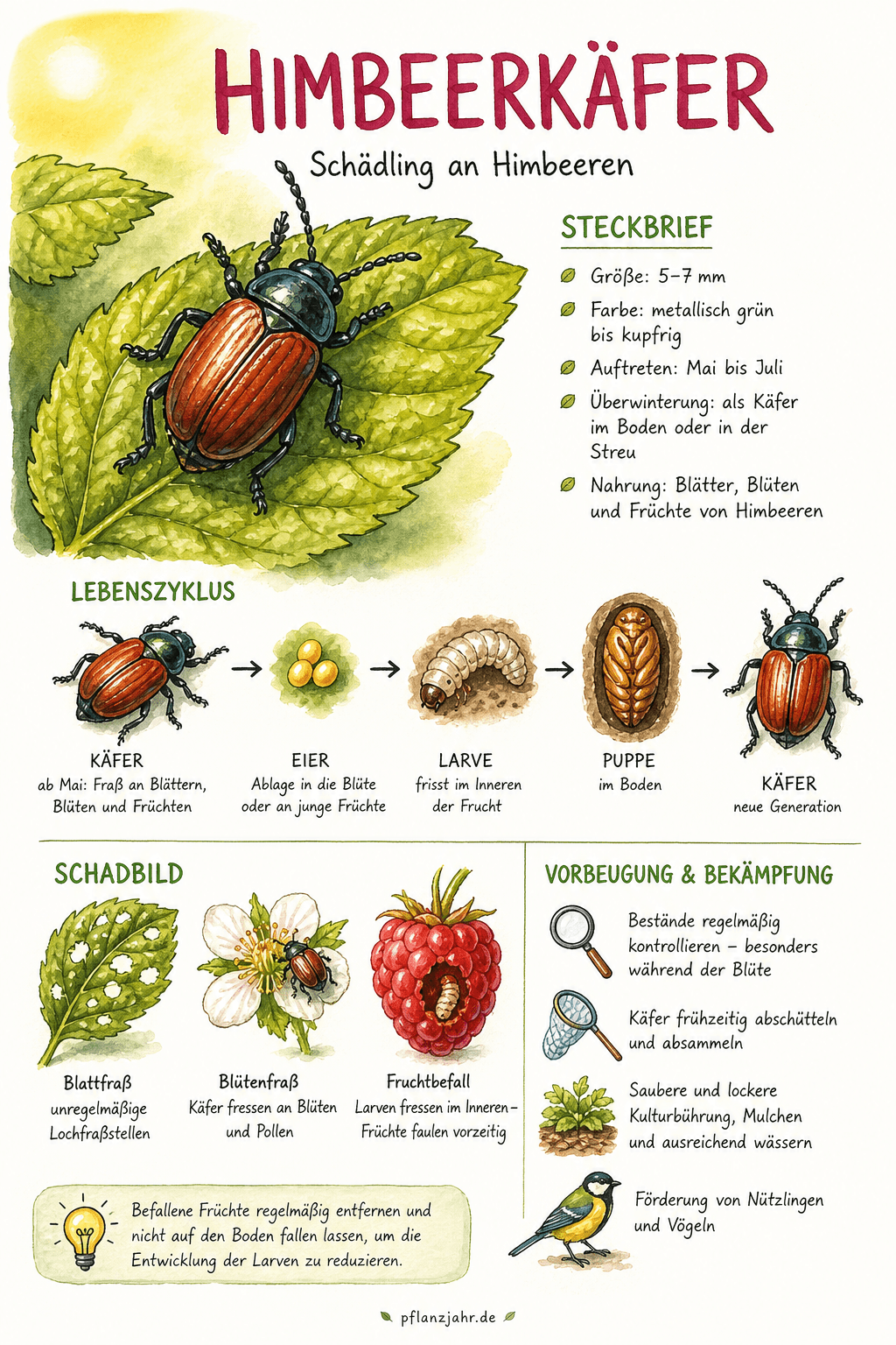 Infografik: Himbeerkäfer — der Verursacher des Wurms in der Himbeere