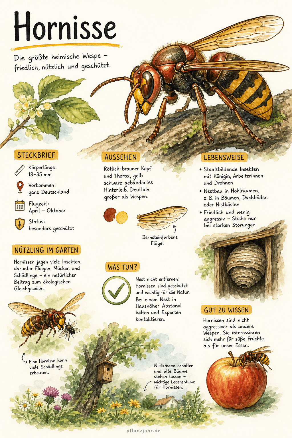 Infografik: Hornisse — die sanfte Riesin und stärkste Insektenjägerin im Garten