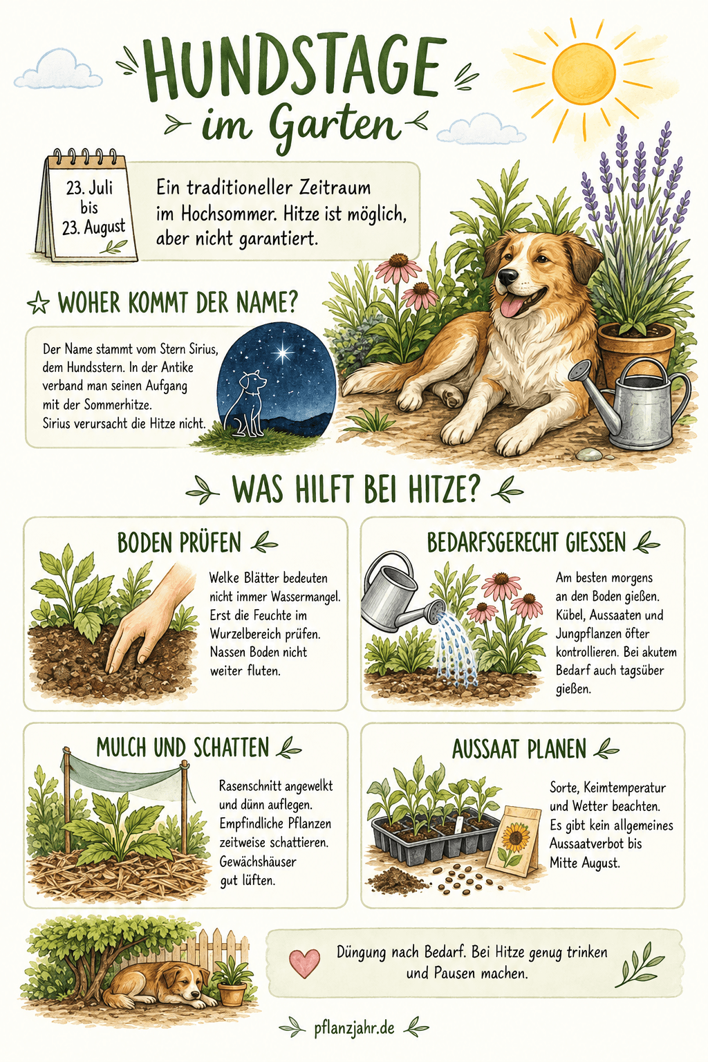 Hundstage vom 23. Juli bis 23. August: Herkunft des Namens Sirius sowie Tipps zum Prüfen der Bodenfeuchte, bedarfsgerechten Gießen, Mulchen, Schattieren und Planen von Aussaaten