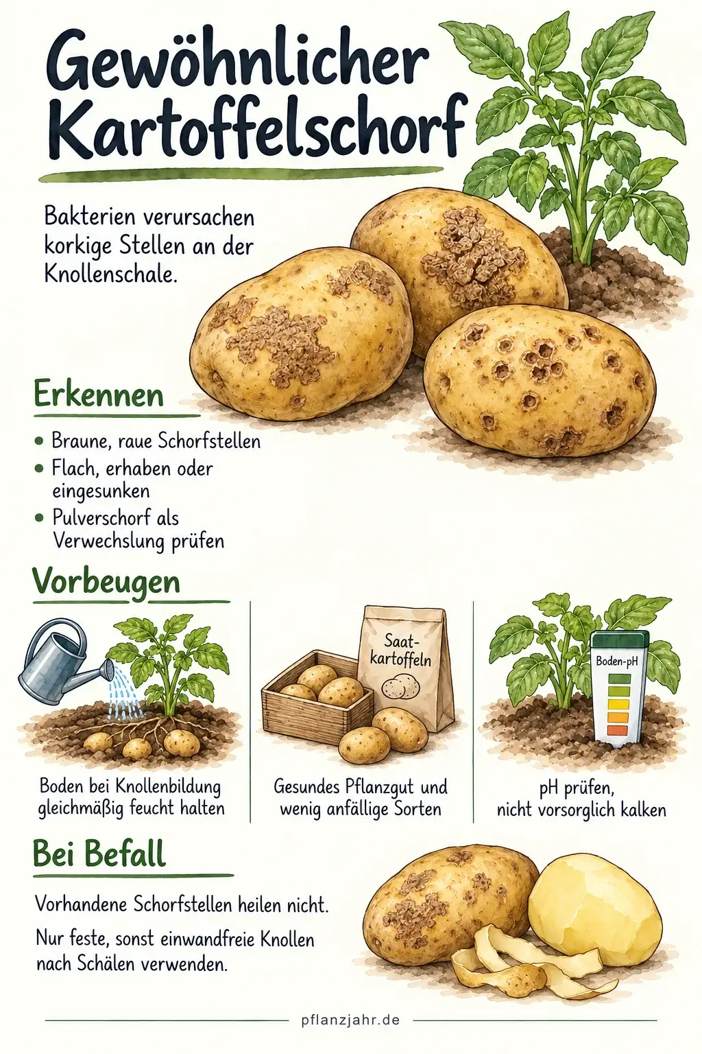 Übersicht zu gewöhnlichem Kartoffelschorf: korkige Schalenstellen erkennen, Boden bei Knollenbildung gleichmäßig feucht halten, gesundes Pflanzgut wählen und nur sonst einwandfreie Knollen verwenden