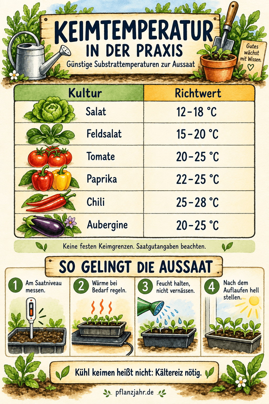 Praxisrichtwerte für Salat 12–18 °C, Feldsalat 15–20 °C, Tomate 20–25 °C, Paprika 22–25 °C, Chili 25–28 °C und Aubergine 20–25 °C; dazu Hinweise zum Messen, Regeln, Befeuchten und hellen Weiterziehen