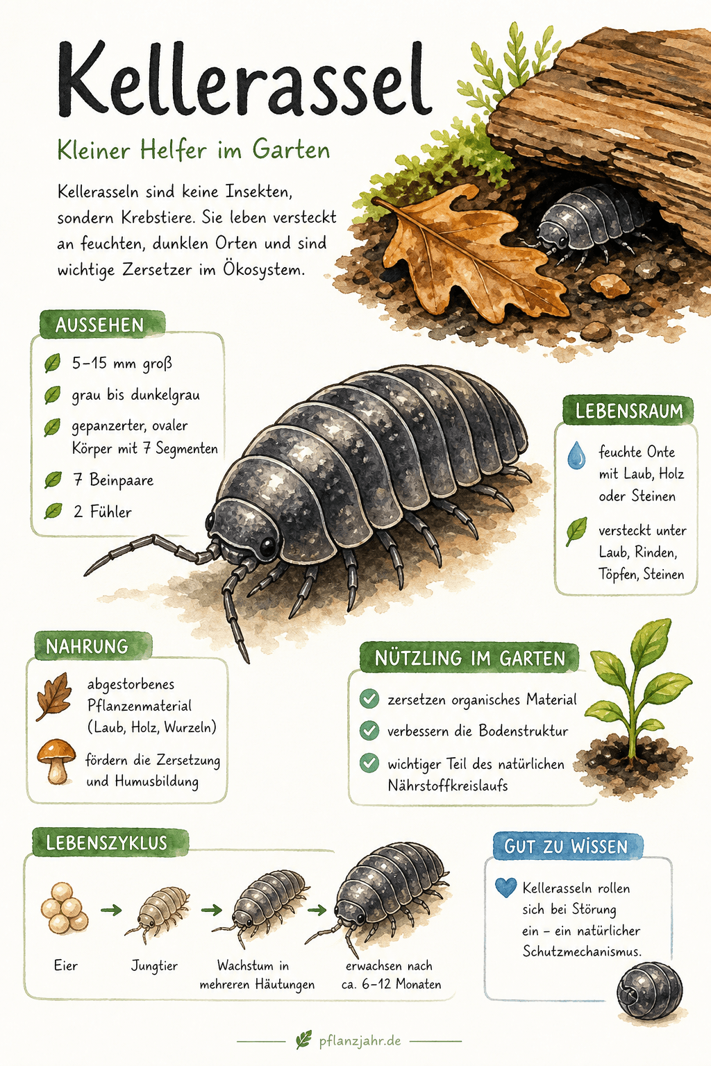 Infografik: Kellerassel — der graue Zersetzer aus Keller, Kompost und Beet