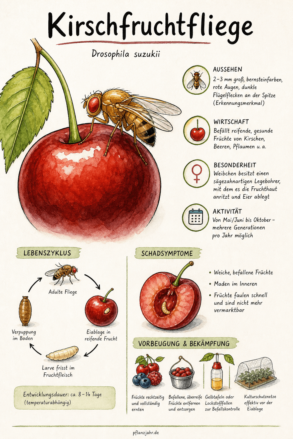 Infografik: Kirschfruchtfliege — die Made in der reifen Süßkirsche