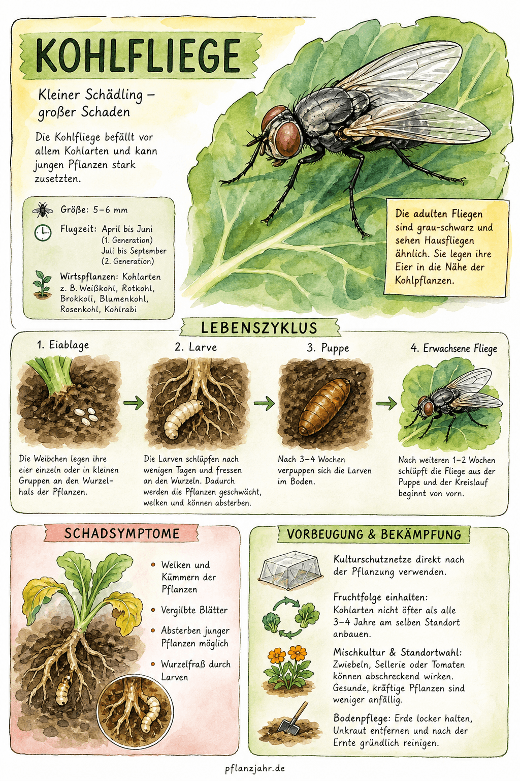 Infografik: Kohlfliege — die Made an Kohlwurzel und Strunk