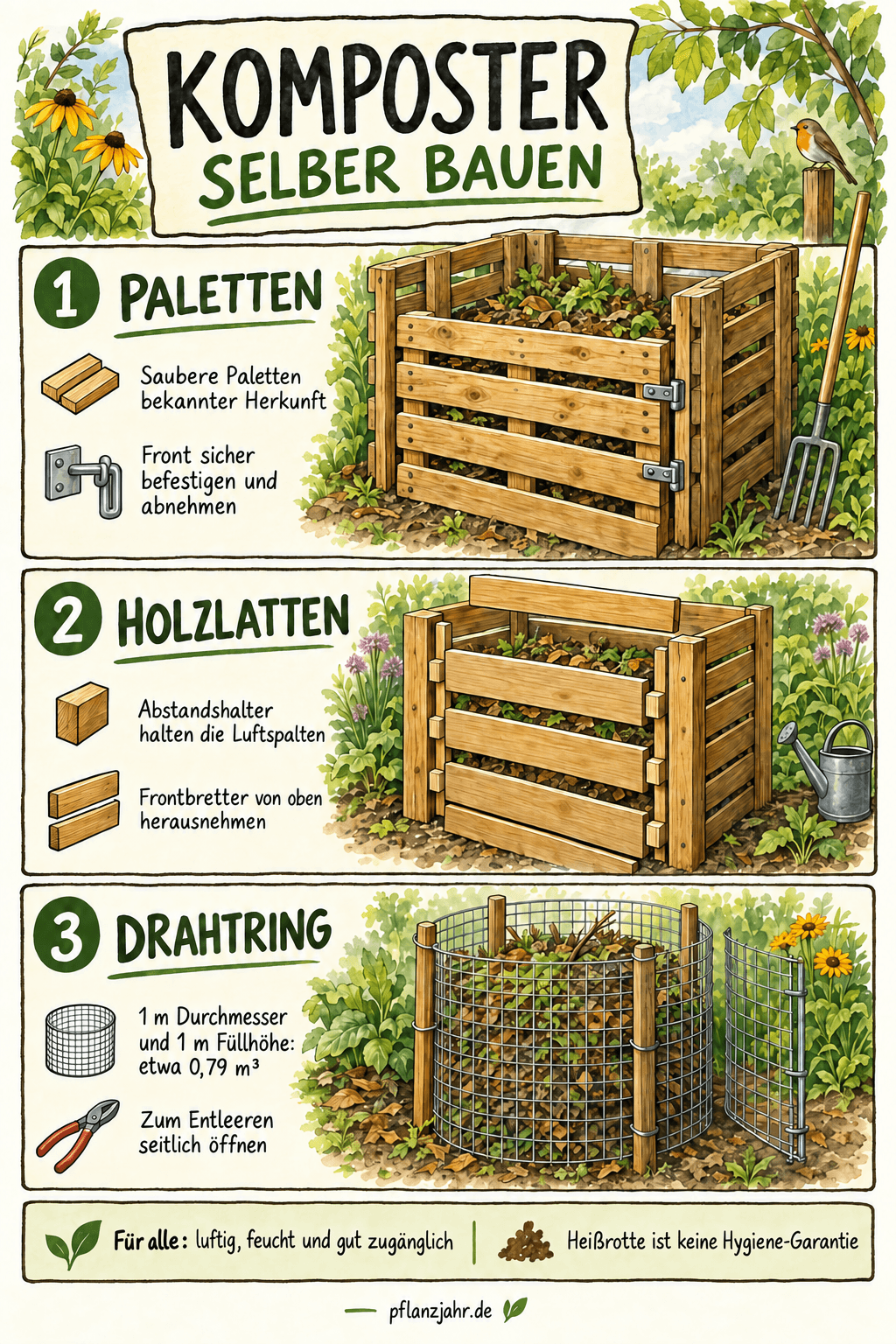 Paletten-Komposter mit gesicherter abnehmbarer Front, Holzlatten-Komposter mit Steckbrettern und Abstandshaltern sowie seitlich zu öffnender Drahtring im Vergleich