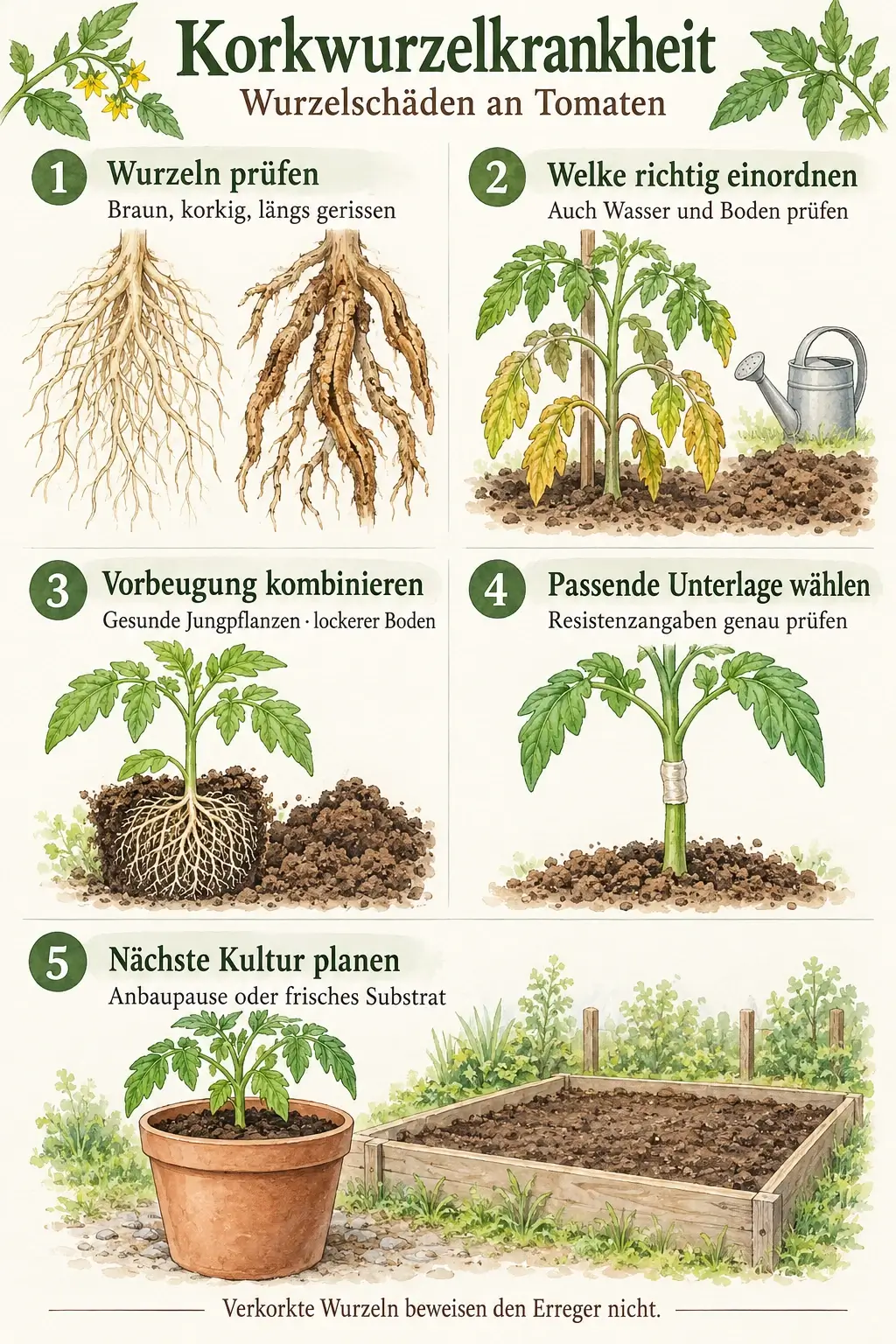 Korkwurzelkrankheit im Überblick: braune korkige Wurzeln prüfen, Welke einordnen, kräftige Jungpflanzen setzen, passende Unterlagen wählen und Anbaupause oder frisches Substrat planen