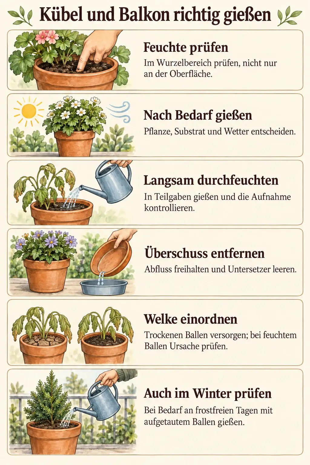 Sechs Gießregeln für Kübel und Balkon: Feuchte im Wurzelbereich prüfen, nach Bedarf gießen, langsam durchfeuchten, Überschuss entfernen, Welke bei trockenem und feuchtem Ballen unterscheiden und auch im Winter kontrollieren
