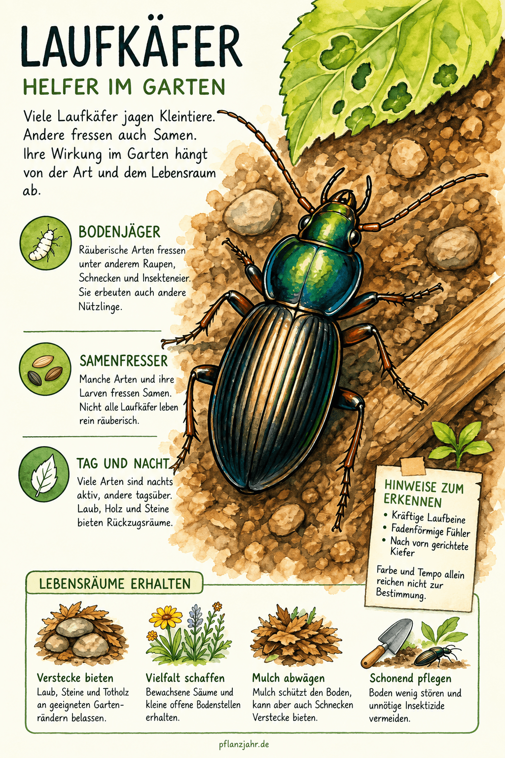 Infografik über räuberische und samenfressende Laufkäfer, ihre Aktivität und die Förderung vielfältiger Lebensräume