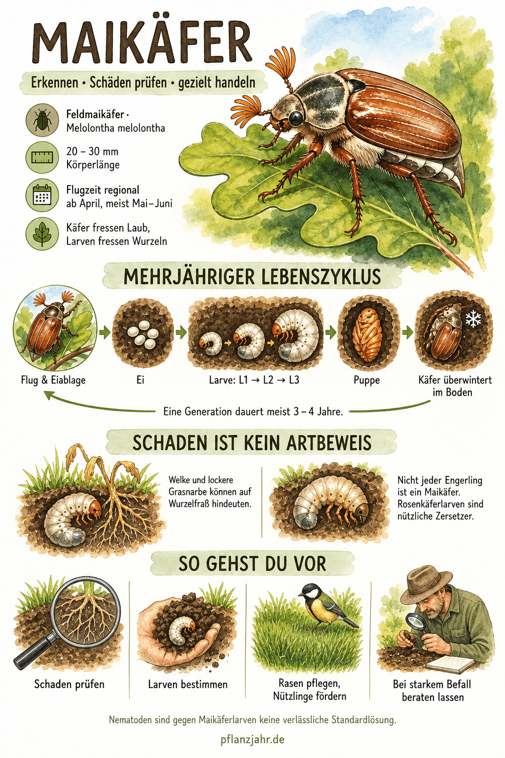 Infografik zum Feldmaikäfer: 20–30 mm Körperlänge, mehrjähriger Lebenszyklus mit drei Larvenstadien und Käferüberwinterung, Schadensprüfung und Grenzen der Bekämpfung