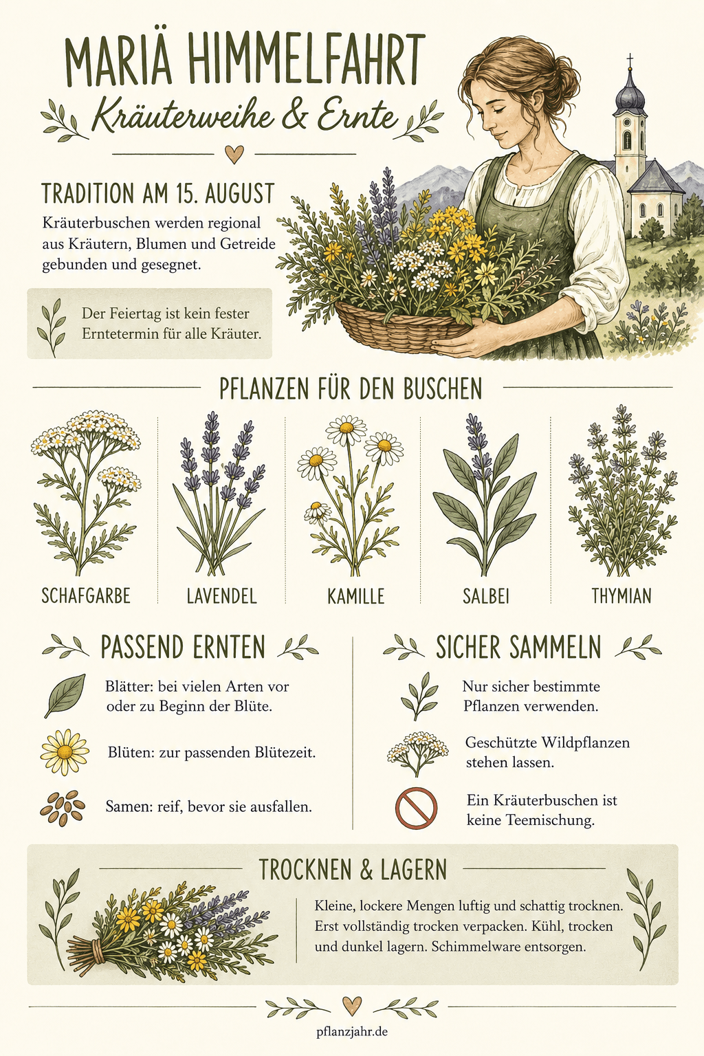 Infografik zur Kräuterweihe am 15. August: regionale Buschenpflanzen, Ernte nach Pflanzenteil, sichere Bestimmung, Artenschutz sowie Trocknung und Lagerung