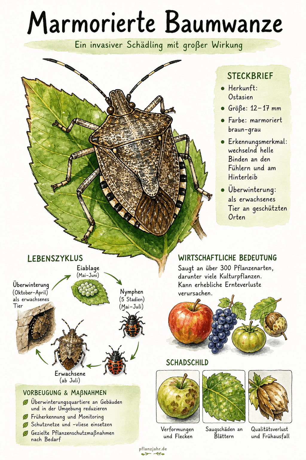 Infografik: Marmorierte Baumwanze — die eingeschleppte Schildwanze an Obst und Gemüse
