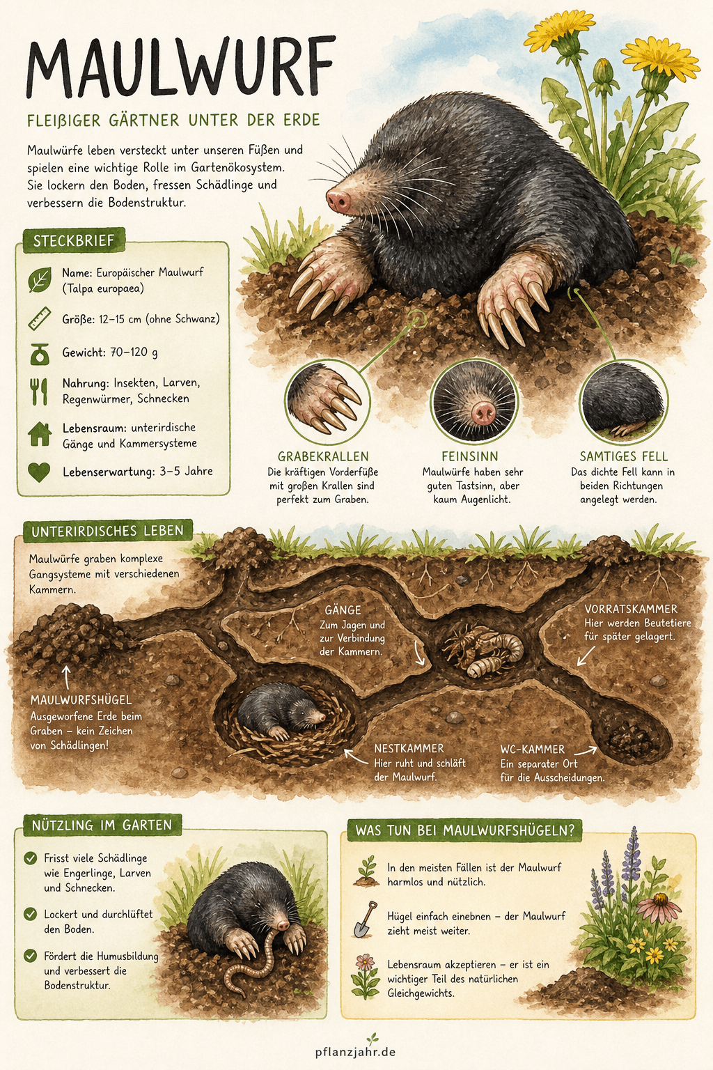 Infografik: Maulwurf — der geschützte Insektenfresser unter deinem Rasen