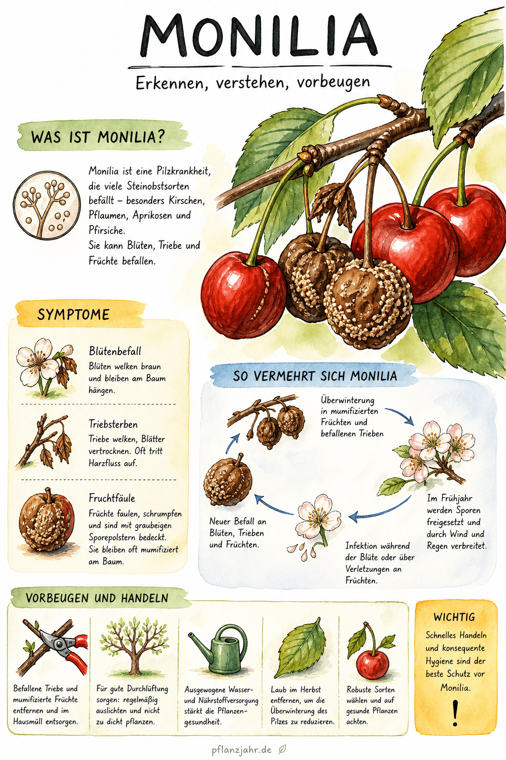 Infografik: Monilia — Spitzendürre und Fruchtfäule erkennen, vorbeugen, bekämpfen