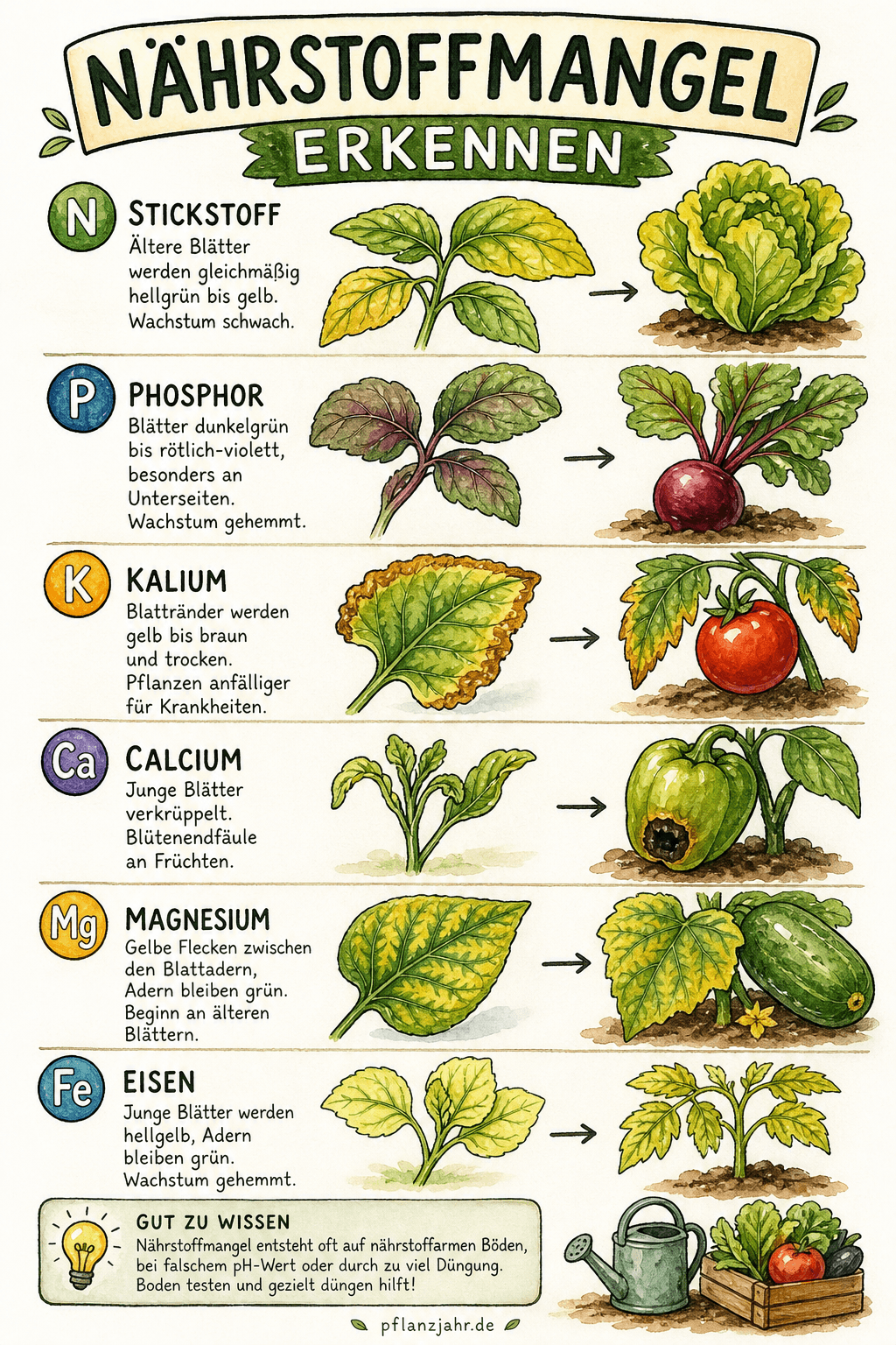 Schaubild einer Pflanze mit zugeordneten Mangelsymptomen an alten und jungen Blättern, mit Farbmustern für Stickstoff, Kalium, Magnesium, Eisen und Kalzium